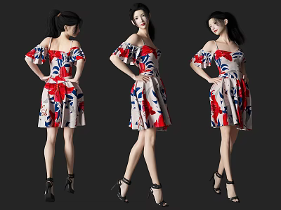 Woman Wearing Off Shoulder Dress with Red Blue Floral Pattern and High Heels Three Angles 3d model