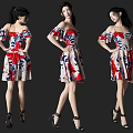 Woman Wearing Off Shoulder Dress with Red Blue Floral Pattern and High Heels Three Angles