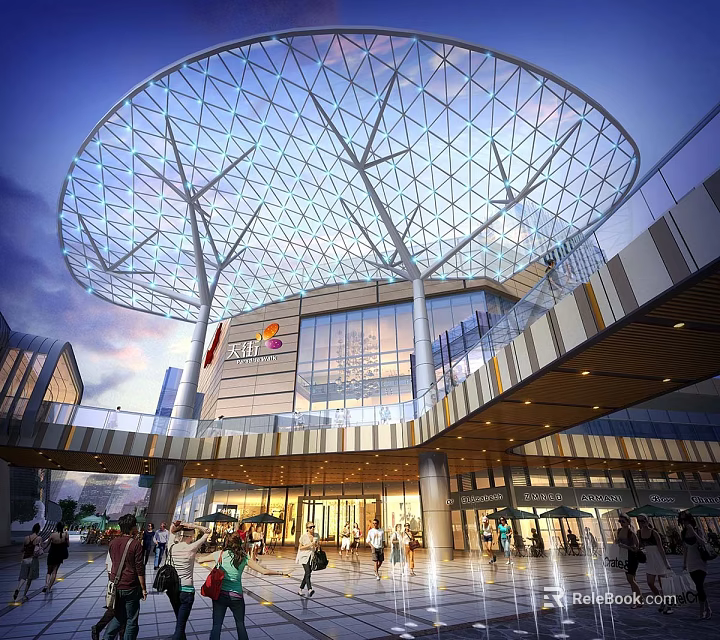 Modern Shopping Mall Exterior With Glass Facade Geometric Mesh Roof And Walking Pedestrians 3d model 