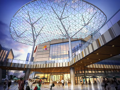 Modern Shopping Mall Exterior With Glass Facade Geometric Mesh Roof And Walking Pedestrians 3d model