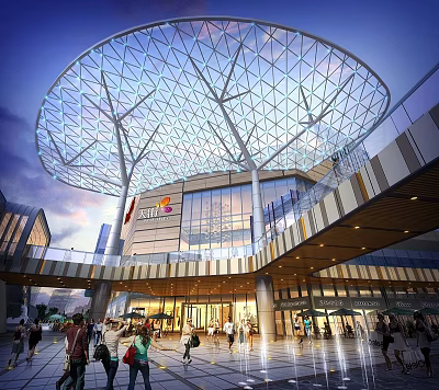 Modern Shopping Mall Exterior With Glass Facade Geometric Mesh Roof And Walking Pedestrians 3d model