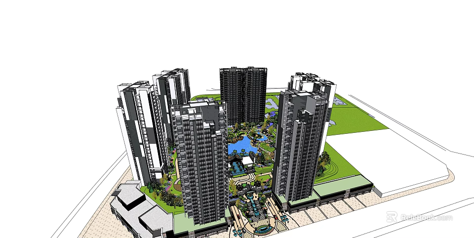 High Rise Residential Complex With Central Water Feature And Green Courtyard 3d model