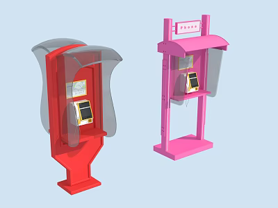 Public Facility Red And Pink Telephone Kiosks With Transparent Shields And Internal Devices 3d model
