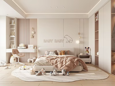 Cozy Modern Kids Room Interior Design With Soft Tones Bed Toys Rug And Wall Decor 3d model