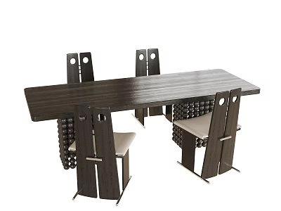Modern Wooden Desk Design With Long Top And Chairs With Round Cutouts Metal Legs Light Seats 3d model