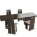 Modern Wooden Desk Design With Long Top And Chairs With Round Cutouts Metal Legs Light Seats