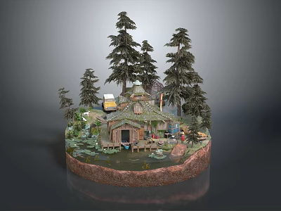Rustic Wooden Cabin Surrounded by Tall Pine Trees With Yellow Vintage Car and Green Landscape 3d model