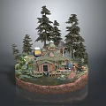 Rustic Wooden Cabin Surrounded by Tall Pine Trees With Yellow Vintage Car and Green Landscape