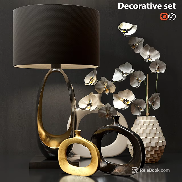 Decorative Ornament Set with Table Lamp White Flowers and Textured Vases for Modern Home 3d model 