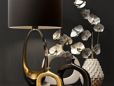 Decorative Ornament Set with Table Lamp White Flowers and Textured Vases for Modern Home 3d model