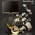 Decorative Ornament Set with Table Lamp White Flowers and Textured Vases for Modern Home