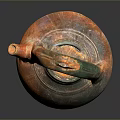 Carved Ceramic Sculpture With Green Orange Hues Textured Surface And Curved Spout Handle