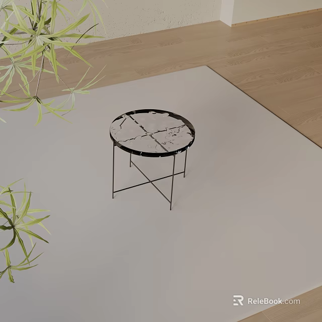 Round Side Table With Marble Top Black Metal Frame And Green Plants On Wooden Floor 3d model 