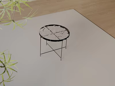 Round Side Table With Marble Top Black Metal Frame And Green Plants On Wooden Floor 3d model