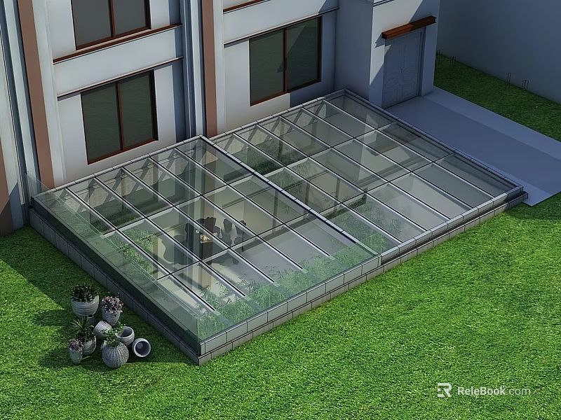 Glass Roof Sunroom Adjacent To Two Story Building With Lawn And Flower Pots 3d model 