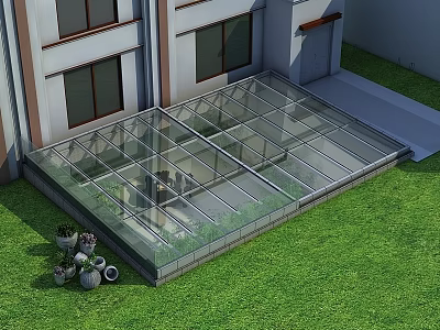Glass Roof Sunroom Adjacent To Two Story Building With Lawn And Flower Pots 3d model
