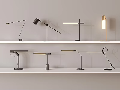 Modern Desk Lamps Display On White Shelves With Various Designs And Styles 3d model