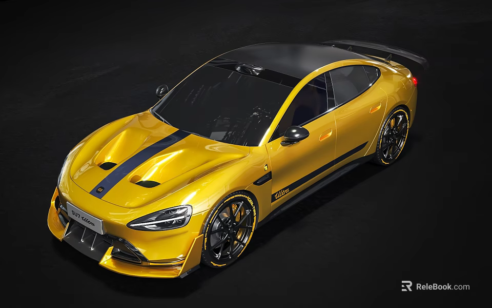 Yellow Sports Car With Black Stripes Rear Spoiler And Sporty Wheels Design 3d model 