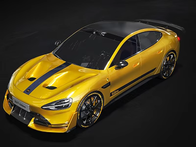 Yellow Sports Car With Black Stripes Rear Spoiler And Sporty Wheels Design 3d model