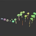 Cartoon Scene With Colorful Trees And Stones Arranged On Reflective Black Background