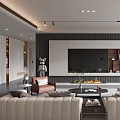 Modern Living Room Interior With White Sofas TV Wall Fireplace And Floor Lamp