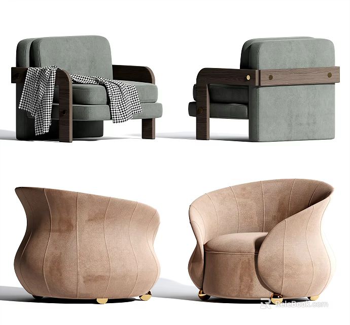 Gray And Brown Single Sofa With Wooden Armrests Plaid Blanket And Modern Design 3d model 