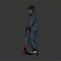 Boy Riding Scooter in Dark Hoodie and Jeans with Green Handlebars Red Wheels Gray Background
