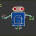 Blue Robot Character Featuring Red Eyes Metal Arms And Rolling Wheels