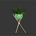 Green Plant with Long Leaves in Green Mosaic Pot on Wooden Tripod Stand