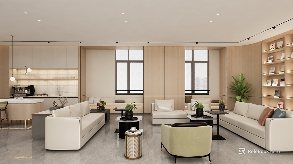 Modern Casual Lounge Area With White Sofas Beige Armchair Wooden Walls Windows And Green Plants 3d model 