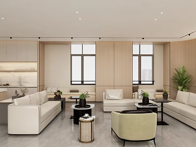 Modern Casual Lounge Area With White Sofas Beige Armchair Wooden Walls Windows And Green Plants 3d model