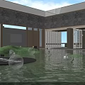 Elegant Event Entrance with Blue Curtain Cuilanwan Wooden Structure and Future New City Waves