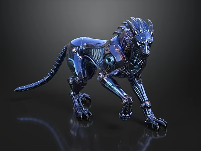 Futuristic Blue Mechanical Leopard Sculpture With Metallic Finish And Reflective Details 3d model