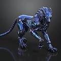 Futuristic Blue Mechanical Leopard Sculpture With Metallic Finish And Reflective Details
