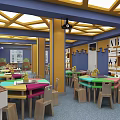 School Classroom Featuring Colorful Tables Chairs Bookshelves Alphabet Decorations And Yellow Frame Ceiling