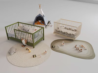 Green And Beige Kids Beds With Tepee Rugs Stuffed Toys And Decorative Items 3d model