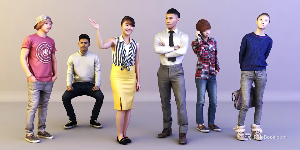 Diverse Group of People in Various Poses With Different Casual Outfits 3d model 