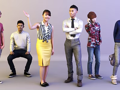 Diverse Group of People in Various Poses With Different Casual Outfits 3d model