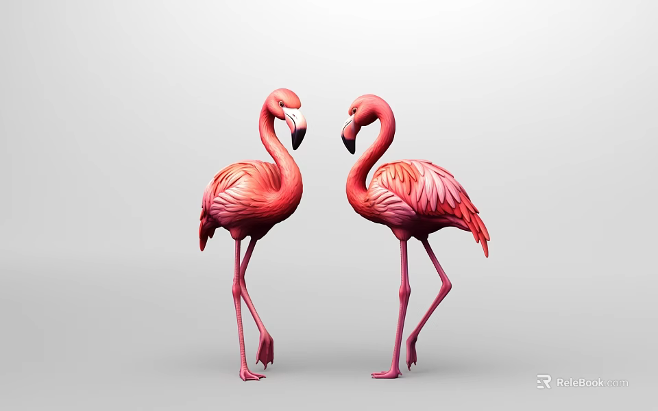 Two Pink Flamingos Standing Facing Each Other Against Grey Background With Elegant Posture 3d model 