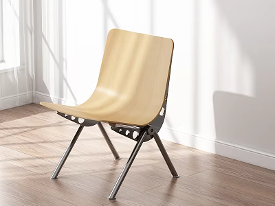 Light Wooden Stool With Curved Seat And Metal Legs On Wooden Floor By White Wall 3d model