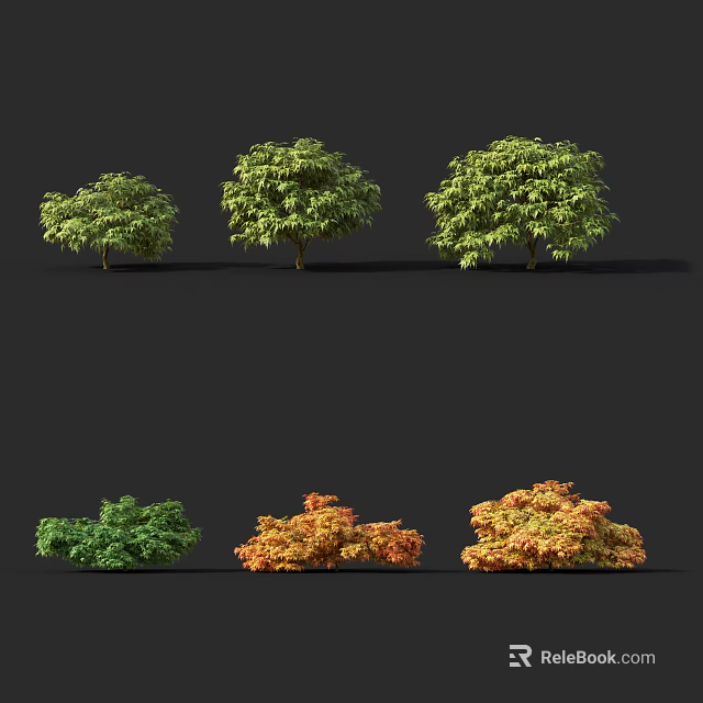 Various Green and Orange Leaf Trees with Different Shrub Plant Varieties 3d model