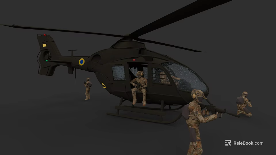 Black Military Helicopter with Camouflage Soldiers Standing Beside and Seated at Door Holding Rifles 3d model 
