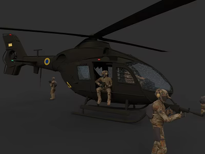 Black Military Helicopter with Camouflage Soldiers Standing Beside and Seated at Door Holding Rifles 3d model