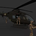 Black Military Helicopter with Camouflage Soldiers Standing Beside and Seated at Door Holding Rifles