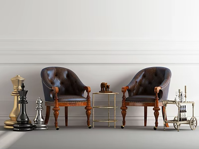 Leisure Sofa Set Featuring Dark Leather Armchairs Wooden Legs And Golden Side Table 3d model