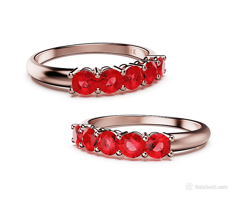Elegant Rose Gold Rings with Round Ruby Gemstones in Classic Setting 3d model 