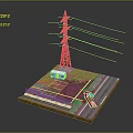 3D Power Facility Model with High Voltage Tower Utility Truck Road and Green Area
