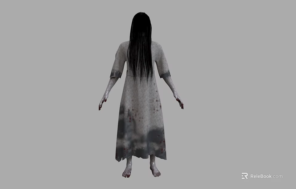 Horror Game Movie Character with Long Black Hair Gray Bloodstained Dress Back View 3d model 