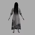Horror Game Movie Character with Long Black Hair Gray Bloodstained Dress Back View