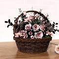 Wicker Basket With Pink And Lavender Roses On Wooden Table White Brick Wall
